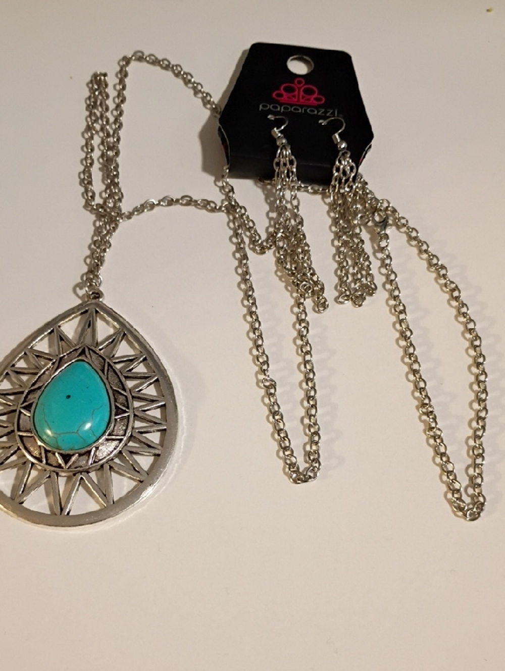Paparazzi Silver Teardrop Sunburst Necklace with Turquoise Accent